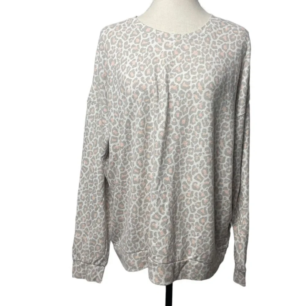 Aqua Lounge Beige Pink Cheetah Animal Print Long Sleeve Crewneck Pullover XL